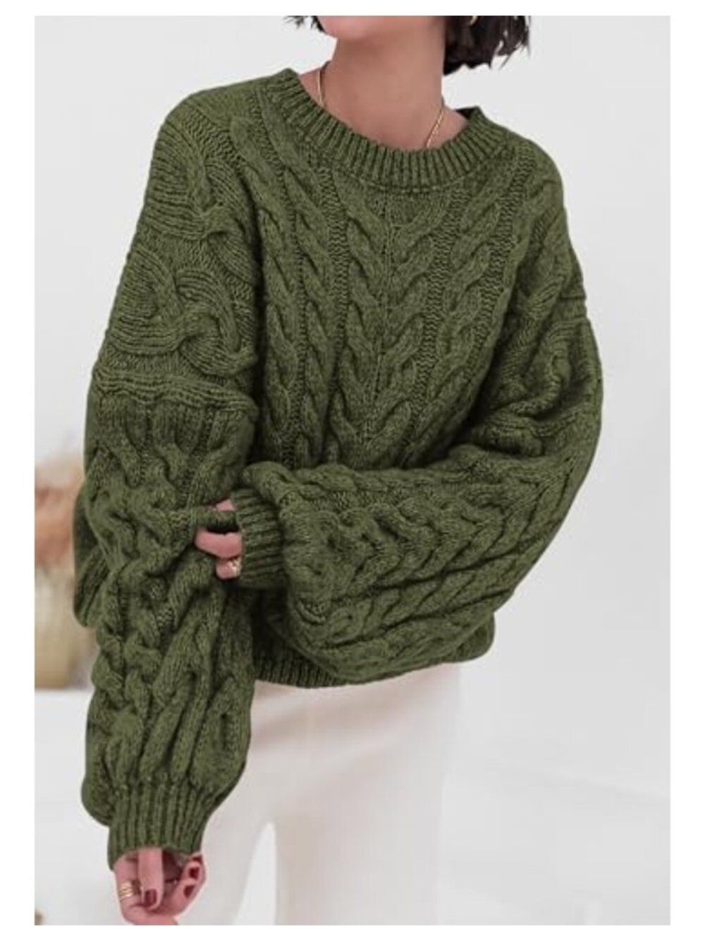 Oversized Cable Knit Sweater Balloon Sleeve Crew Neck Pullover - Picture 2 of 6